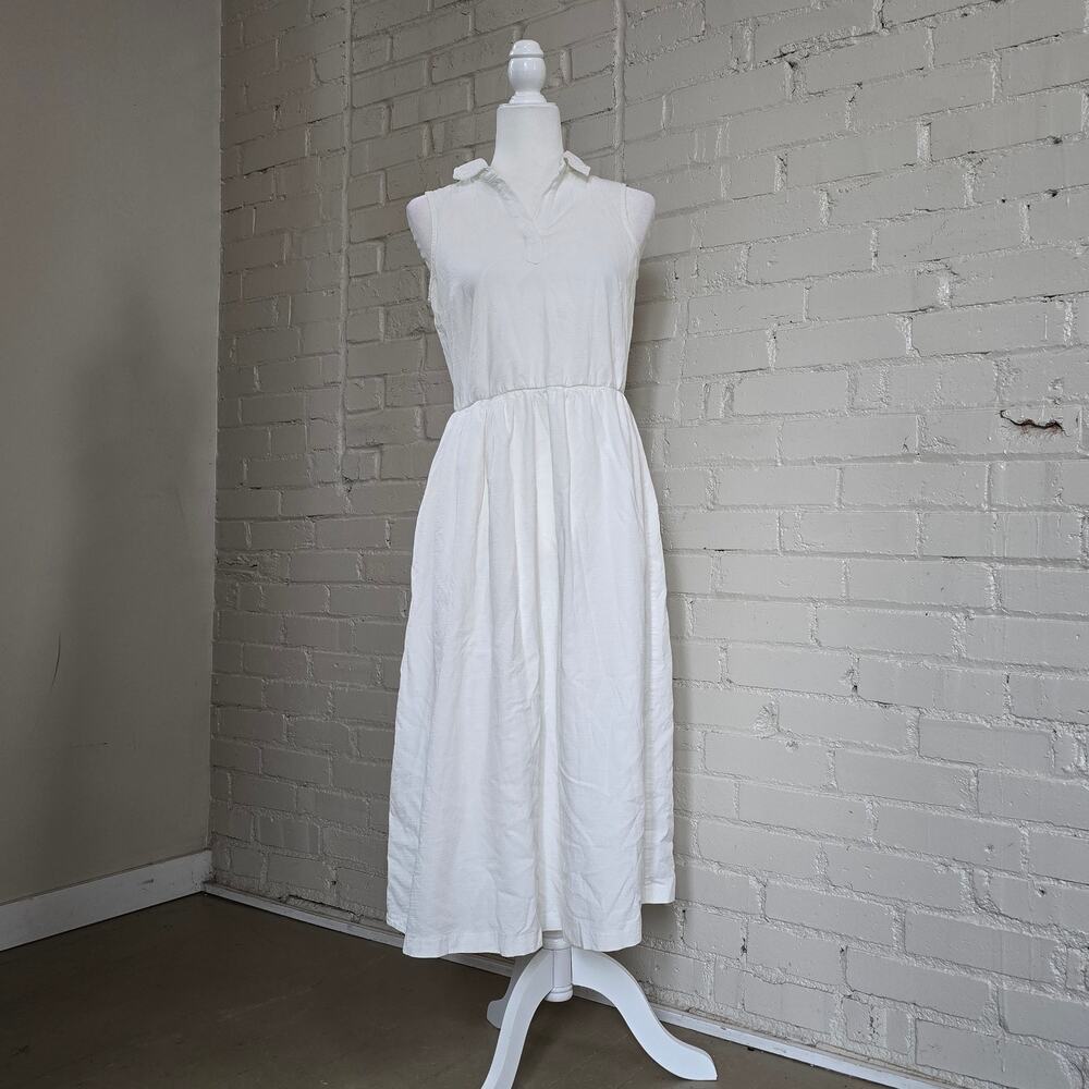 ​ZESICA White Viscose Midi Dress┃ Sleeveless & Collared ┃Cottagecore& Minimalist